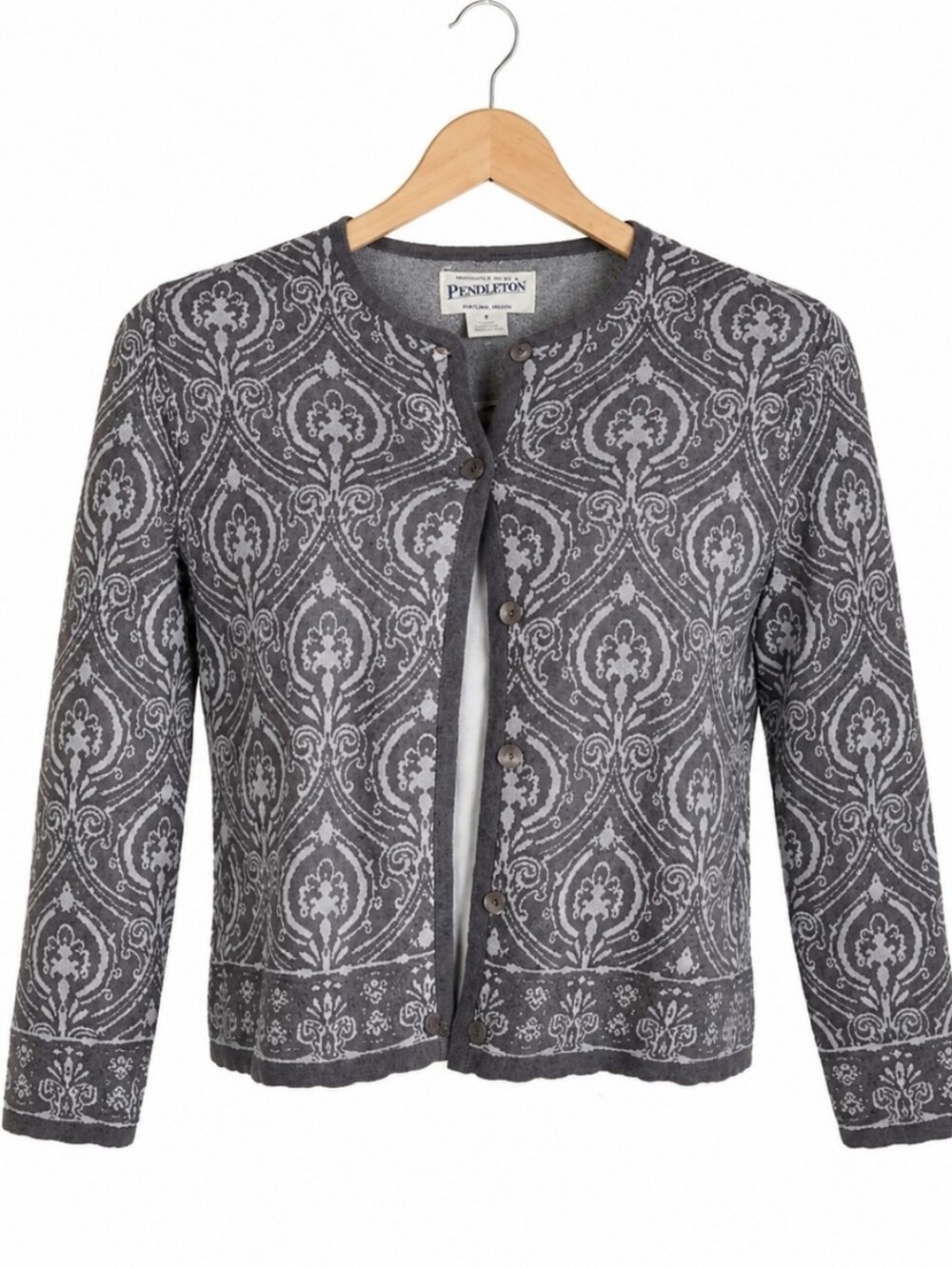 Pendleton 100% Merino Wool Gray Mandarin Style Classic Button Up Cardigan Sz Sm